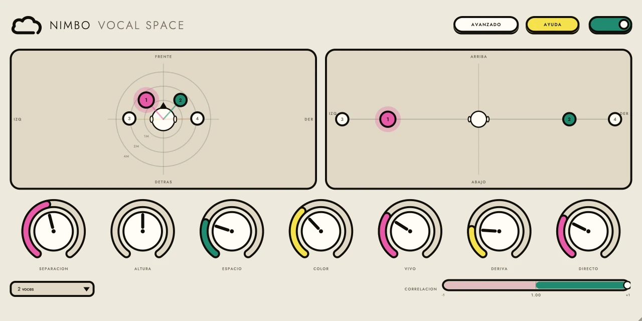 El modo simple: el escenario arriba y una sola fila de siete perillas debajo
                         —separación, altura, espacio, color, vivo, deriva y directo— más un selector
                         de dos o cuatro voces.